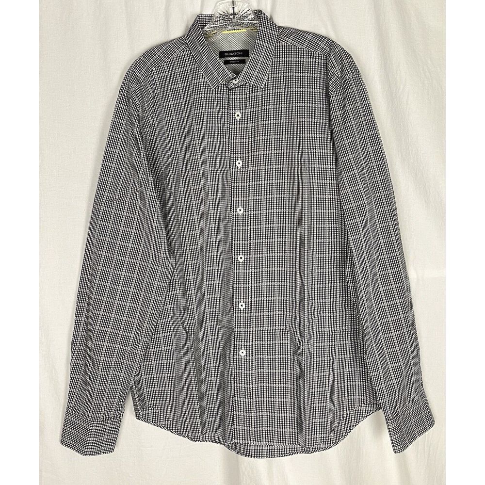 Bugatchi‎ Shirt Men's L Black Gray Check Long Sleeve Shaped Fit Flip Cuff Cotton